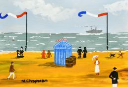 Margaret Chapman (1940-2000) British, Figures on a French beach, a paddle steamer ship beyond, oil