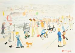 Alan Furneaux (b. 1953), figures walking on a quay, watercolour, signed, 11.5