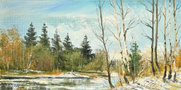 20th Century Russian School, a winter woodland scene, oil on canvas, signed in Cyrillic verso, 8