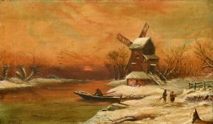 English School, Circa 1879, wayfarers in a snowy river landscape, oil on canvas, indistinctly