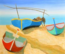 Ronald Bird (20th Century), colourful boats in a beach, oil on canvas, signed with initials, 20