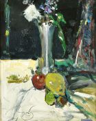 Ken Moroney (1949-2021) British, a still life of flowers and mixed objects on a tabletop, oil on