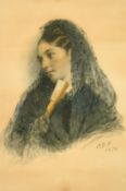 James Dawson Watson (1832-1892), head study of a young lady holding a fan, watercolour, signed
