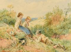 After Birket Foster, Children sitting on a hill looking at a bird's nest, watercolour, bears