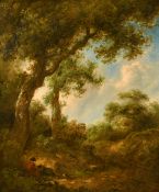 Circle of Constable, A wooded landscape with figures resting beneath a tree, oil on canvas, 30