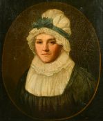 Late 18th Century, a head and shoulders portrait of a lady in a bonnet, painted as an oval, oil on