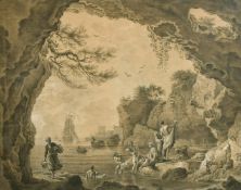 Follower of Claude-Joseph Vernet, Les Baigneuses, black and white chalk, 19.25
