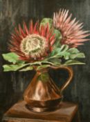 F.M de la Coze (20th Century) Still life of flowers in a copper jug on a table, oil on canvas,