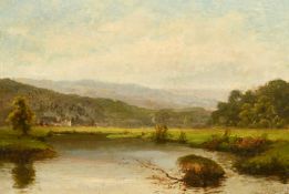 Late 19th Century, A river landscape with cottages and hills in the distance, oil on canvas,