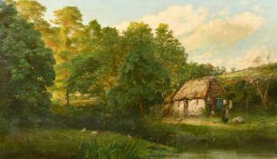 James Hayllar (1829-1920) British, a female figure hanging clothes by a stone cottage with ducks