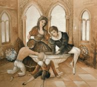 James Arthur Morris (20th Century) British, a family group around a fountain in a courtyard, mixed