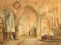 Thomas Allom (1804-1872) British, figures in a church interior, watercolour, 10