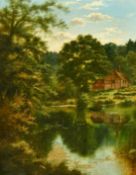 Edgar Longstaffe (1849-1912) British, A view of a figures by a cottage at Waggoners Wells, oil on