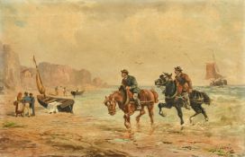 J. Ferry, Late 19th Century School, a pair of oil on canvas scenes of figures on horseback along a