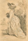 Follower of Thomas Gainsborough, A lady in a landscape, charcoal with white heightening, bears