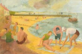 Modern British School, Holiday makers at a beach, oil on board, 20