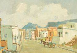 Nerine Desmond (1908-1993) South African, A street scene with a horse and cart, oil on board,