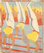 Lill Tschudi (1911-2004) gymnasts on parallel bars, linocut, signed and numbered 10/50, 8.25