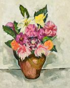 20th Century, still life of mixed flowers in a brown vase, oil on canvas, 20