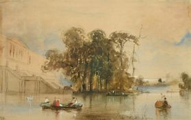 Eugene Modeste Edmond Le Poittevin (1806-1870) French, A boating party on a lake with a grand