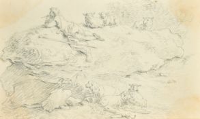 Circle of J.B. Pillement, A shepherd boy playing a pipe, his flock nearby, pencil drawing, 4.5