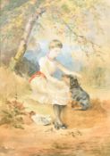 English School (Late 19th Century) A young girl seated beneath a tree with her dog, watercolour with