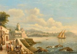 A. Boeree (19th Century) A Mediterranean scene with a gathering of figures by a harbour wall and