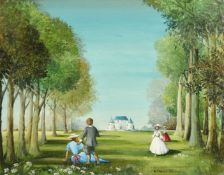 James Arthur Morris (20th Century) British, elegant figures in a formal garden with a chateau