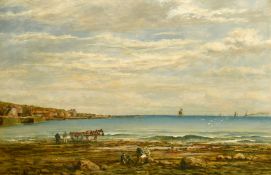 19th Century School, possibly Scottish, a view of figures and a horse and cart on a rocky shoreline,