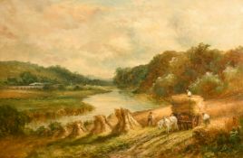 William Stone (1842-1913) British, figures harvesting with a Lakeland view beyond, oil on canvas,