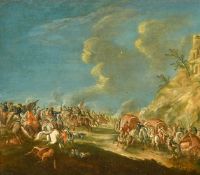 Wouwerman (17th Century), a cavalry engagement, oil on canvas, signed, 7.5