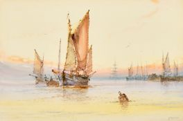 Aubrey Ramus (1895-1950) British, Shipping at sunset, watercolour, signed, 7.5