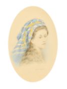 Frank Miles, Portrait of a young lady in a turban, watercolour over a print base,