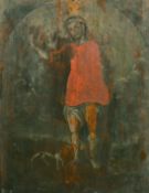 18th Century, Probably Spanish, standing figure with a dog, oil on panel, unframed, 19.5