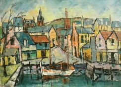 20th Century School, Fishing boat in a town port, oil on canvas, indistinctly signed, 20