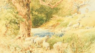 Attributed to Miles Birket Foster (1825-1899) British, A shepherd and flock by a pond,