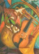 Mid-20th Century American School. Musical instruments on a cubist/abstract background, oil on board,