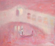 Pam Masco (1953-2018) 'Pink Rialto' a gondola under the Rialto Bridge, oil on canvas, initialled,