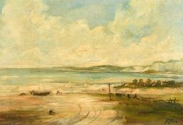 R. Price, A coastal view chalky cliffs, a moored boat, figures, and a hamlet on the coast, oil on