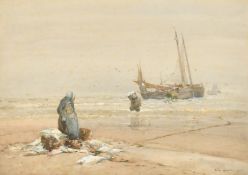 Dudley Hardy (1867-1922) British, figures unloading the catch, watercolour, signed and dated 1908,