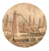 Circle of Sam Bough, A steam train at a colliery, possibly the kilns at Stoke on Trent, miniature