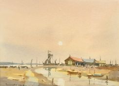 Sydney Vale, Moored sailing boats in an estuary near buildings, watercolour, 5