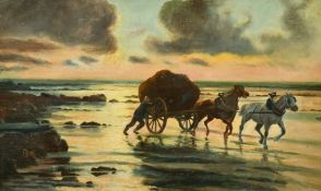 19th Century French School, 'The kelp gatherer', figure with horses and cart on the shore, oil on