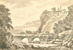 Follower of Richard Wilson, A Capriccio view of Tivoli, with cattle being driven over a stone