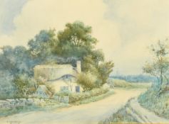 L. Headley, 19th Century English School, A thatched cottage by a country path, watercolour,