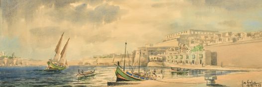 Joseph Galea (1904-1985) Maltese, A view of Valletta, Malta, Grand Harbour, watercolour, signed