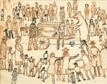 Fred Yates (1922-2008) British, figures gathered around a dancing bear, mixed media, signed verso,