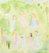 Dora Holzhandler (1928-2015) British, figures dancing in a garden, watercolour, 16.5