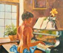 Ainsley, A nude young lady playing a piano, oil on board, signed and dated June '79, 24