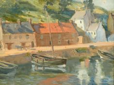 Circle of Donald McIntyre (1823-2009), boats moored in a harbour with cottages beyond, oil on board,